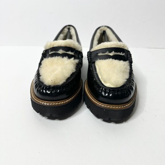 GH BASS Loafer Women 5.5 Black Leather Shearling Whitney Cozy Weejun Lug NEW - Picture 3 of 9